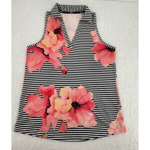 Jofit Striped Floral Print High Collar VNeck‎ Sleeveless Top Womens